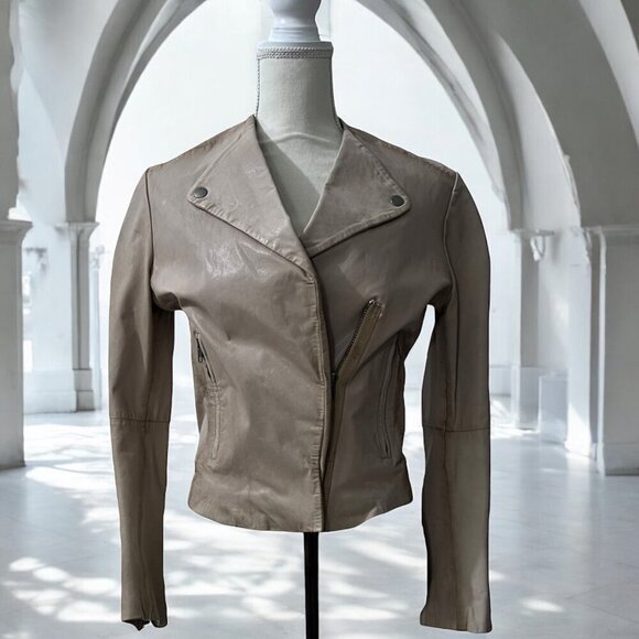 Muubaa London Tan Leather Edgy Minimalist Sleek Streetwear Moto Jacket Size 4 - Picture 2 of 13